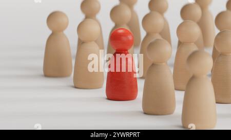 Rote Holzfigur, die in einer holzgelben Teamgruppe steht, um Einfluss und Ermächtigung zu zeigen. Business Leadership Team erfolgreich und Wettbewerb um Stockfoto