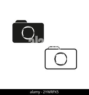 Kamerasymbolgruppe. Foto-Vektorsymbol. Schwarzweißkamera. Objektivfokus-Grafik. Stock Vektor