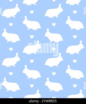 Nahtloses Muster des Vektors der Silhouette des weißen Kaninchens und der Herzen isoliert auf pastellblauem Hintergrund Stock Vektor