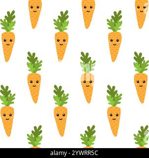 Nahtloses Muster des flachen Zeichentrickfilms Hand gezeichnete KritzelKarotte mit Kawaii Gesicht isoliert auf weißem Hintergrund Stock Vektor