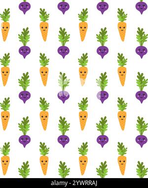 Nahtloses Muster des flachen Zeichentrickfilms Hand gezeichnet Kritzelwurzel und Karotte mit kawaii Gesicht isoliert auf weißem Hintergrund Stock Vektor