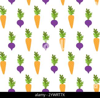 Nahtloses Vektor-Muster von Hand gezeichneter Kritzelei-Cartoon-Rübenwurzel und Karotte isoliert auf weißem Hintergrund Stock Vektor