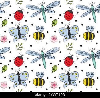 Nahtloses Vektor-Muster von Hand gezeichneter Kritzelskizze verschiedene farbige Insekten isoliert auf weißem Hintergrund Stock Vektor