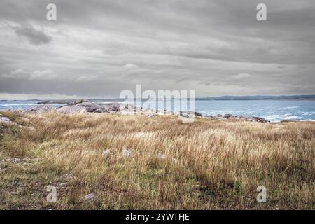 Wellen schlagen die felsige Küste nahe Louisbourg Cape Breton Island, während sich ein Sturm nähert. Die Festung von Louisbourg kann man über die Bucht sehen. Stockfoto
