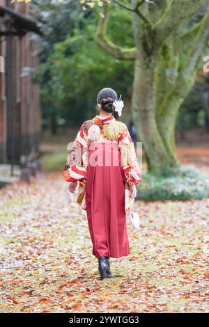Rückansicht einer Japanerin im Alter von 20 Jahren, die einen roten Kimono (Hakama) trägt, ein Grundnahrungsmittel japanischer Universitätsabsolventen, die vor einem großen Baum und einem großen Baum lief Stockfoto