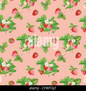 Nahtloses Muster mit roten Erdbeeren auf rosa Hintergrund. Aquarellillustration für Textil, Geschenkpapier. Heller Hintergrund mit Reifen Beeren. Stockfoto