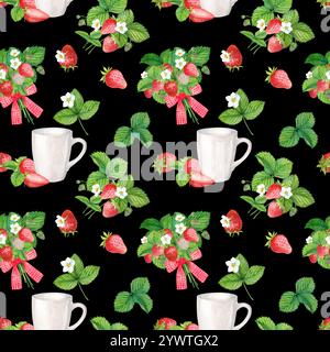 Nahtloses Muster mit roten Erdbeeren auf weißem Hintergrund. Aquarellillustration für Textil, Geschenkpapier. Heller Hintergrund mit Reifen Beeren. Stockfoto
