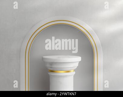 Podium mit weißem Marmor und traditioneller griechischer Säule mit Bogennische in der Wand, goldenen Details und Schatten. Realistischer 3D-Vektor antike Säule Sockel für kosmetische Schaufenster. Stock Vektor
