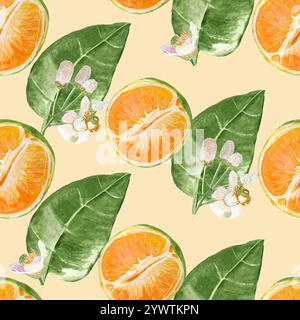 Grüne orange Früchte und Blumen runden Aquarellrahmen auf hellem Hintergrund. Hochwertige, handgezeichnete ClipArt, perfekt für Lebensmitteldesign, Pakete und Menüs Stockfoto