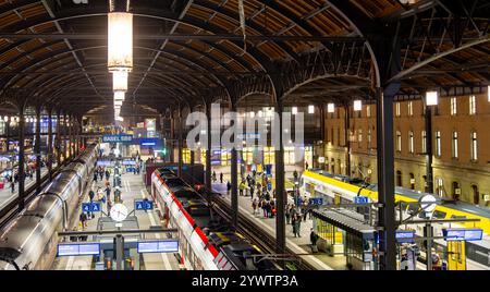 Überfüllter Hauptbahnhof Basel SBB in der Schweiz mit zwei Zügen am Abend Stockfoto