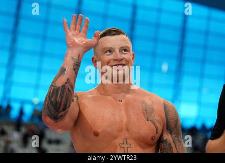 Dateifoto vom 02.04.2024. Adam Peaty gewann den 100-m-Brustschlag der britischen Meisterschaft in einer Zeit von 57,94 Sekunden, um den olympischen Qualifikationsstandard zu erfüllen. Ausgabedatum: Donnerstag, 12. Dezember 2024. Stockfoto