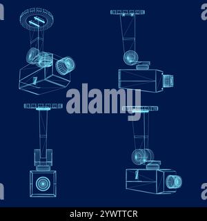 Stellen Sie die Drahtdarstellung der Sicherheitskamera ein. CCTV-Heimkamera drahtlose elektronische Inspektionskameras anständige Vektorgrafiken. Video-cctv-Kamera, elektronische Geräte t Stock Vektor