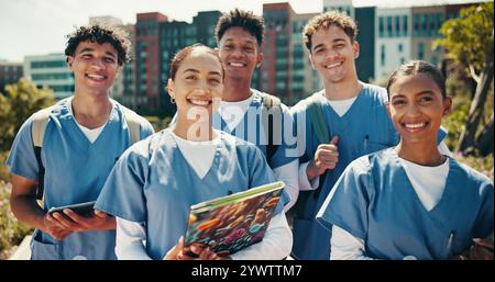 Gruppe von Menschen, Outdoor und Porträt als Medizinstudent für Karriere, Lernen oder Ausbildung in der Klinik. Team, Lächeln und gemeinsam für die Entwicklung Stockfoto