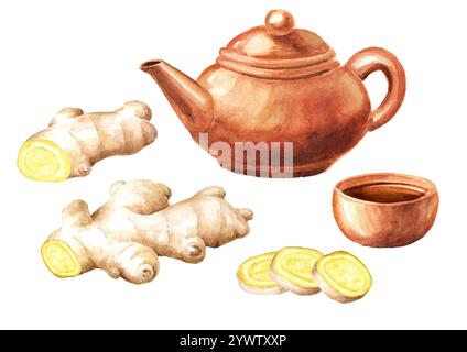 Ingwertee Teekanne, Tasse und Ingwerwurzel, Konzept des gesunden Getränkesets. Handgezeichnete Aquarellillustration isoliert auf weißem Hintergrund Stockfoto