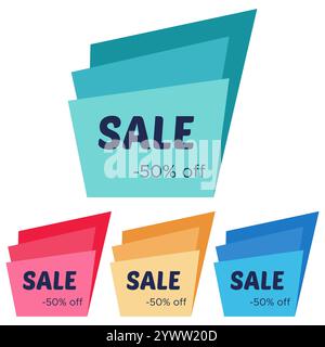 Set mit vier Sale-Stickern mit abstrakten, farbenfrohen geometrischen Formen. Vektorabbildung Stock Vektor