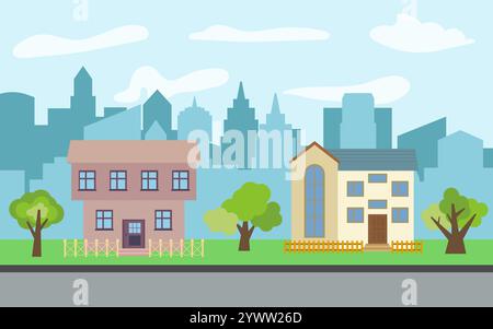 Vektor-Stadt mit zwei zweistöckigen Comic-Häusern und grünen Bäumen am sonnigen Tag. Urbane Sommerlandschaft. Blick auf die Straße mit Stadtbild im Hintergrund Stock Vektor