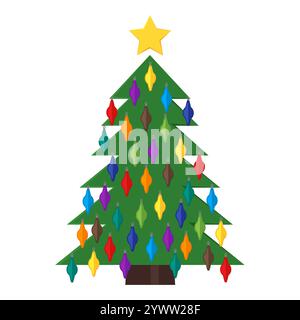 Weihnachtsbaum mit Weihnachtskugeln und einem Stern auf der Spitze. Vektorabbildung. Stock Vektor