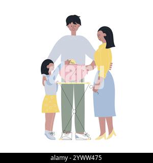 Familie mit einem kleinen Mädchen spart Geld für neues Haus und Wohnungskauf. Investition, Finanzmanagement flache Karikaturvektorillustration. Schweinebank-Konzept Stock Vektor