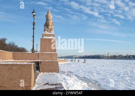 Die altägyptische Sphinx am Damm von Neva in einer Winterlandschaft an einem sonnigen Dezembertag. Sankt Petersburg, Russland Stockfoto