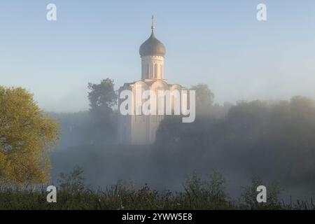 Mittelalterliche Kirche der Fürbitte auf dem Nerl in der nebeligen Morgenlandschaft. Bogolyubovo, der Goldene Ring Russlands Stockfoto