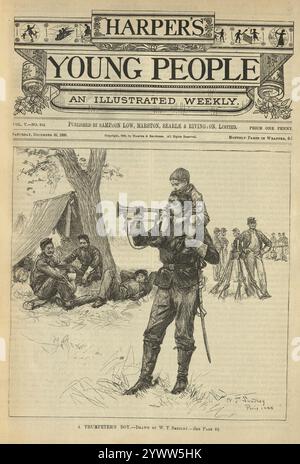 Militärgeschichte, Ein Trompetenjunge, Junge, der auf der Schulter seines Väters sitzt, 19. Jahrhundert Stockfoto