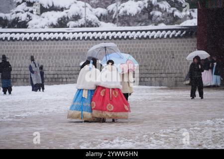 Seoul, Südkorea, 27. November 2024. Seoul erlebte am 27. November 2024 in der ganzen Stadt Schnee mit einer Schneetiefe von mehr als 16 Zentimetern, was einen Rekord für die höchste Schneemenge im selben Monat seit Beginn der modernen meteorologischen Beobachtungen im Oktober 1907 aufstellte. Quelle: Liu Xu/China News Service/Alamy Live News Stockfoto