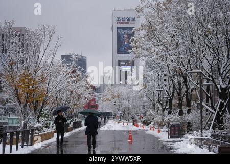 Seoul, Südkorea, 27. November 2024. Seoul erlebte am 27. November 2024 in der ganzen Stadt Schnee mit einer Schneetiefe von mehr als 16 Zentimetern, was einen Rekord für die höchste Schneemenge im selben Monat seit Beginn der modernen meteorologischen Beobachtungen im Oktober 1907 aufstellte. Quelle: Liu Xu/China News Service/Alamy Live News Stockfoto