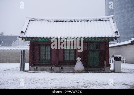 Seoul, Südkorea, 27. November 2024. Seoul erlebte am 27. November 2024 in der ganzen Stadt Schnee mit einer Schneetiefe von mehr als 16 Zentimetern, was einen Rekord für die höchste Schneemenge im selben Monat seit Beginn der modernen meteorologischen Beobachtungen im Oktober 1907 aufstellte. Quelle: Liu Xu/China News Service/Alamy Live News Stockfoto