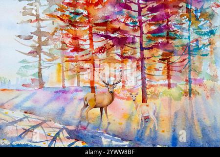 Gemälde Herbstsaison - Aquarelllandschaft von Hirsch Konzept Tier mit weihnachtlichen Festlichkeiten. Handgemalte Illustration auf Papier, roter Waldaspen Tre Stockfoto