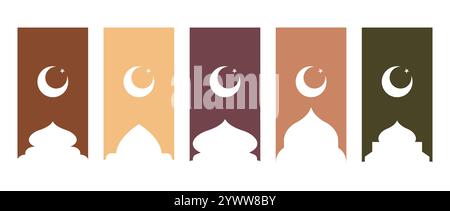 Islamische Moscheformen. Muslimische Türen, Tore und Fenster. Ramadan kareem Rahmen. Beige arabische Ränder. Vektorillustration isoliert auf weiß Stock Vektor