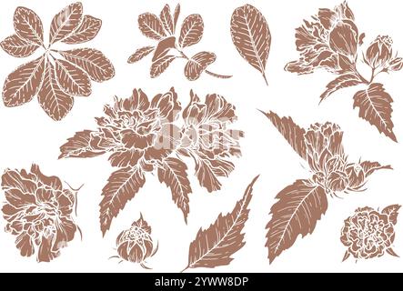 Satz der Silhouette Blumenkugelillustration in der Farbe 2025 des Jahres Mocha Mousse. Handgezeichnete botanische Elemente mit braunem Ton. Perfekt für Stock Vektor