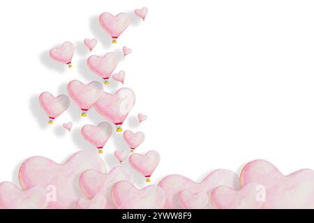 Aquarellmalerei isolierter rosafarbener Heißluftballon auf weißem Hintergrund, gemalte Illustration der Liebe und valentinstag mit Herzballon Stockfoto