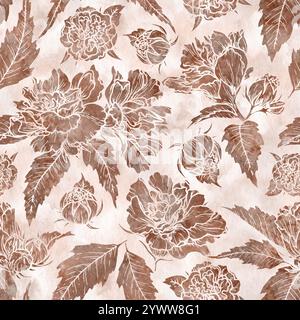 Nahtloses Blumenmuster mit Aquarellstruktur in der Farbe des Jahres 2025 Mocha Mousse. Handgezeichneter Hintergrund mit warmem Braunton. Perfekt für Stockfoto