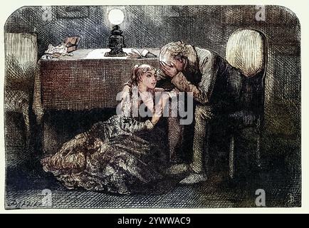 Vintange Illustration einer Szene aus dem Roman Martin Chuzzlewit von Charles Dickens. Bruder und Schwester. In ihrer Wohnung tröstet Ruth Pinch ihren Bruder, nachdem Martin Chuzzlewit Tom angeprangert hat, sich gegen ihn gewandt zu haben. Von Fred Barnard. Stockfoto