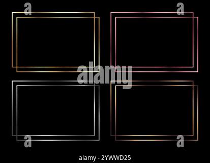Set mit quadratischen Rahmen in Metallic-Farbe. Goldene, silberne, bronzene und rosafarbene Rahmenränder für Hochzeitseinladungskarten. Vektorabbildung Stock Vektor