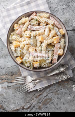 Fusilli-Nudelsalat mit Gurken, Cheddar-Käse, Dill und Speck mit Sahnesauce in einer Schüssel auf dem Tisch. Vertikale Draufsicht von oben Stockfoto