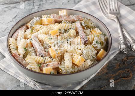 Cremige Gurken Nudelsalat mit gelbem Käse, Kräutern und Speck in der Schüssel auf dem Tisch. Horizontal Stockfoto