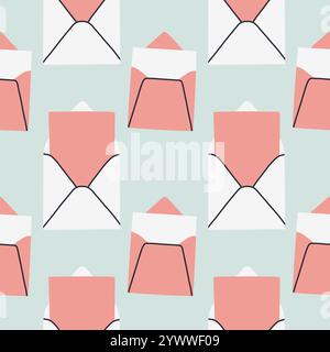 Nahtloses Kuvertmuster. Valentinstag Post. Einfache offene und geschlossene Umschläge, mit Herzen verziert. Feiertagshintergrund für Verpackung, Textil Stock Vektor