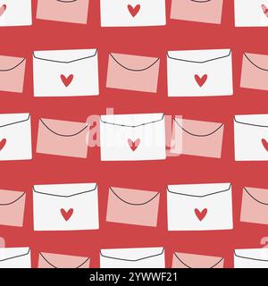 Nahtloses Kuvertmuster. Valentinstag Post. Einfache offene und geschlossene Umschläge, mit Herzen verziert. Feiertagshintergrund für Verpackung, Textil Stock Vektor