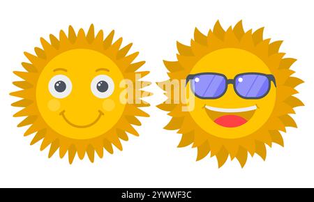 Helle Sonne lächelndes Gesicht mit Brille Vektor. Niedliche Sonnenfigur. Stock Vektor