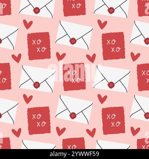 Nahtloses Kuvertmuster. Valentinstag Post. Einfache offene und geschlossene Umschläge, mit Herzen verziert. Feiertagshintergrund für Verpackung, Textil Stock Vektor