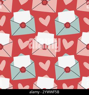 Nahtloses Kuvertmuster. Valentinstag Post. Einfache offene und geschlossene Umschläge, mit Herzen verziert. Feiertagshintergrund für Verpackung, Textil Stock Vektor