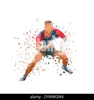 Rugbyspieler, der mit Ball läuft, niedrige polygonale abstrakte isolierte Vektorillustration, Vorderansicht Stock Vektor
