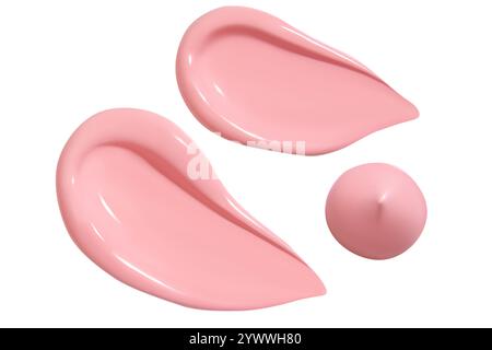 Zusammensetzung von rosa Creme- oder Lippenstiftabstrichen auf leerem Hintergrund. Schönheitsprodukt, kosmetische Texturen. Stockfoto