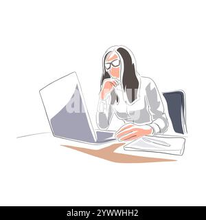 Geschäftsfrau, die am Laptop im Büro arbeitet, isolierte Linie Kunst Vektor Illustration, flaches Design. Lehrer, Manager, Anwalt sitzt am Tisch und arbeitet Stock Vektor