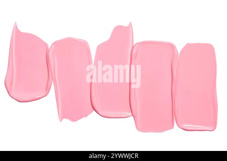 Zusammensetzung von rosa Creme- oder Lippenstiftabstrichen auf leerem Hintergrund. Schönheitsprodukt, kosmetische Texturen. Stockfoto