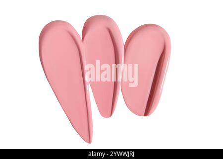 Zusammensetzung von rosa Creme- oder Lippenstiftabstrichen auf leerem Hintergrund. Schönheitsprodukt, kosmetische Texturen. Stockfoto
