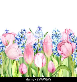 Nahtloser Rand von Tulpen und Hyazinthen auf weißem Hintergrund. Die Aquarellabbildung ist handgezeichnet. Dieses stilvolle Designelement eignet sich perfekt für die Dekoration von Websites, Zeitschriften und Büchern. Die Grenze besteht aus sich wiederholenden Farben von Tulpen und Hyazinthen. Stockfoto
