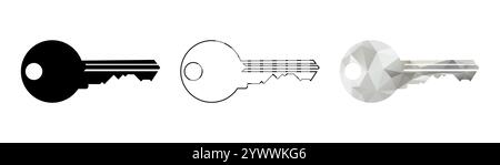 Schlüsselsymbolsatz. Silhouette, Umriss, Illustration des niedrigen Poly-Vektors. Schlosserlogo. Schlüsselsymbole für Haus Stock Vektor