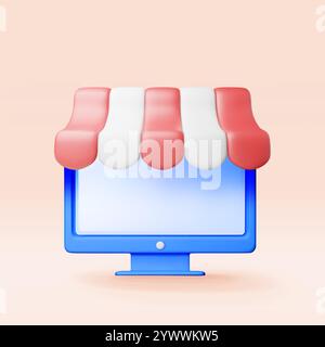 3D gestreifte Markise und Computer. Stock Vektor